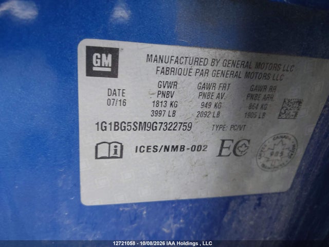 2016 Chevrolet Cruze Premier მანქანა იყიდება აუქციონზე, vin: 1G1BG5SM9G7322759, აუქციონის ნომერი: 12721058