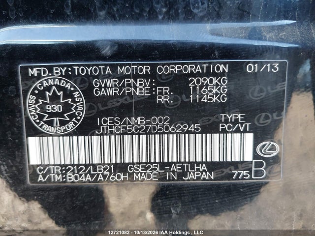 12721082 :رقم المزاد ، JTHCF5C27D5062945 vin ، 2013 Lexus Is 250 مزاد بيع