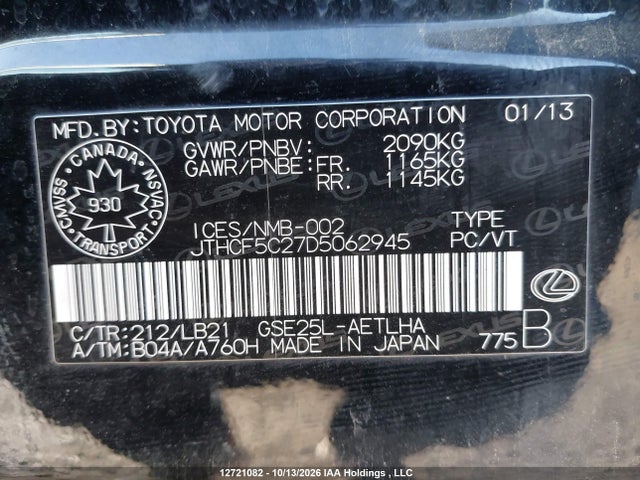 12721082 :رقم المزاد ، JTHCF5C27D5062945 vin ، 2013 Lexus Is 250 مزاد بيع