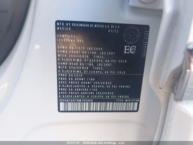 12721110 :رقم المزاد ، 3VV4B7AX7NM155909 vin ، 2022 Volkswagen Tiguan Sel R-line مزاد بيع