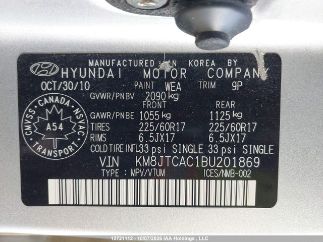 Продажа на аукционе авто 2011 Hyundai Tucson Gl, vin: KM8JTCAC1BU201869, номер лота: 12721112