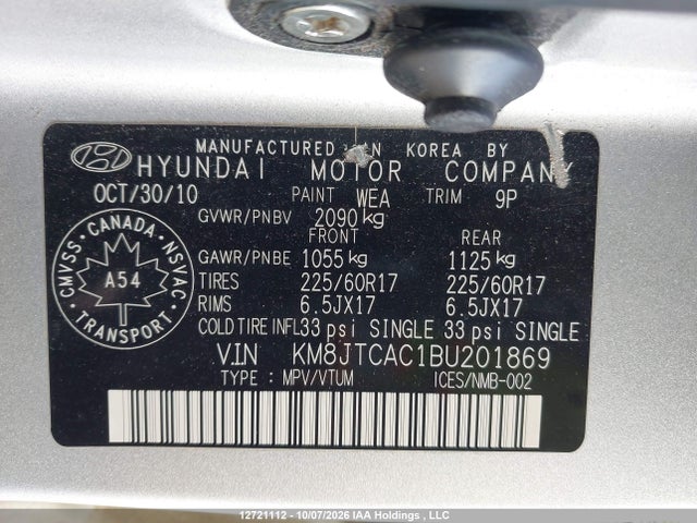 Продажа на аукционе авто 2011 Hyundai Tucson Gl, vin: KM8JTCAC1BU201869, номер лота: 12721112