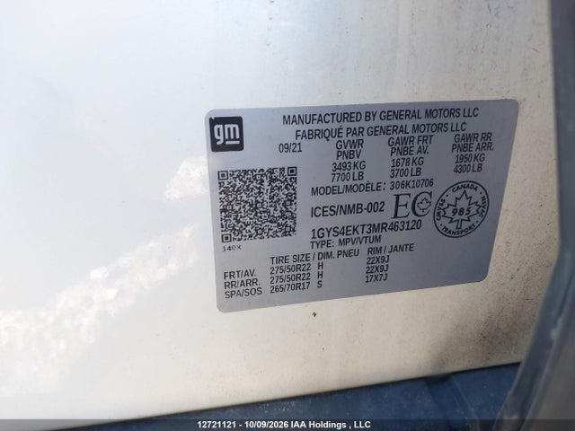 12721121 :رقم المزاد ، 1GYS4EKT3MR463120 vin ، 2021 Cadillac Escalade Sport مزاد بيع