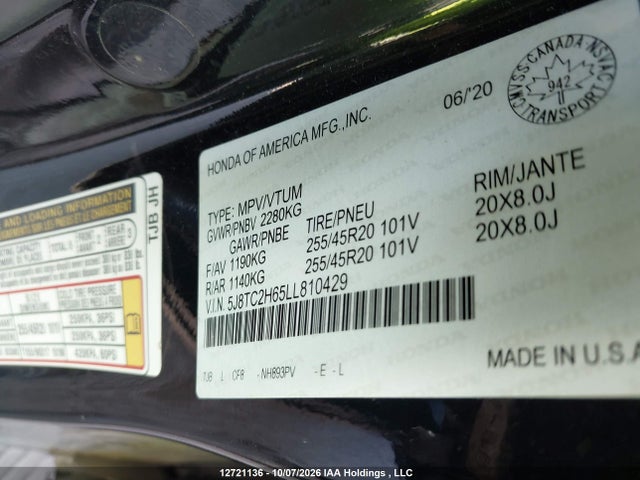 Продажа на аукционе авто 2020 Acura Rdx A-spec, vin: 5J8TC2H65LL810429, номер лота: 12721136