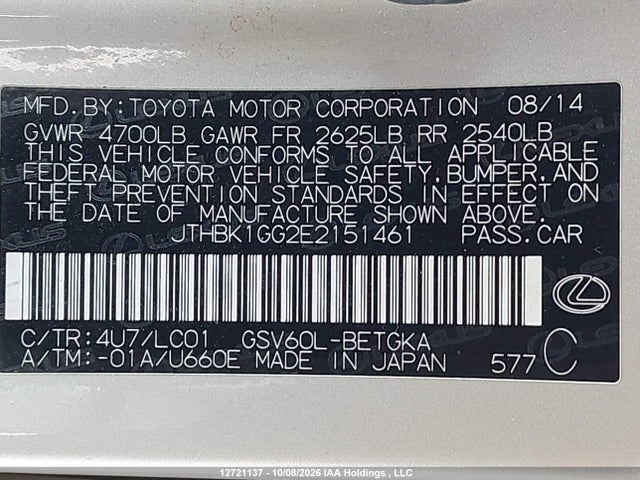 Продаж на аукціоні авто 2014 Lexus Es 350 350, vin: JTHBK1GG2E2151461, номер лоту: 12721137