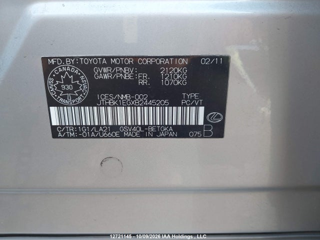 2011 Lexus Es 350 350 მანქანა იყიდება აუქციონზე, vin: JTHBK1EGXB2445205, აუქციონის ნომერი: 12721145