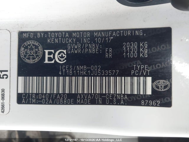 Aukcja sprzedaży 2018 Toyota Camry L/le/xle/se/xse, vin: 4T1B11HK1JU533577, numer aukcji: 12721157
