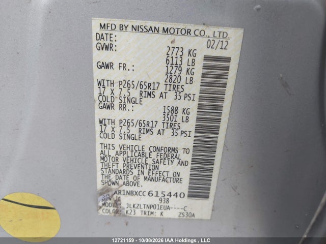 12721159 :رقم المزاد ، 5N1AR1NBXCC615440 vin ، 2012 Nissan Pathfinder Sv مزاد بيع