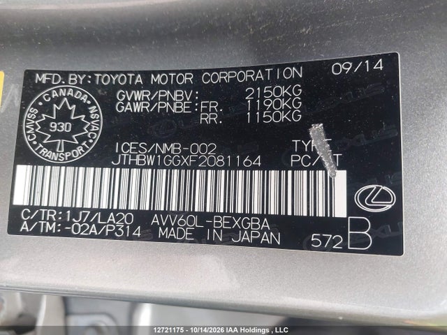 12721175 :رقم المزاد ، JTHBW1GGXF2081164 vin ، 2015 Lexus Es 300h 300h مزاد بيع