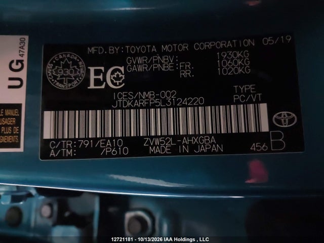 Aukcja sprzedaży 2020 Toyota Prius Prime Upgrade, vin: JTDKARFP5L3124220, numer aukcji: 12721181