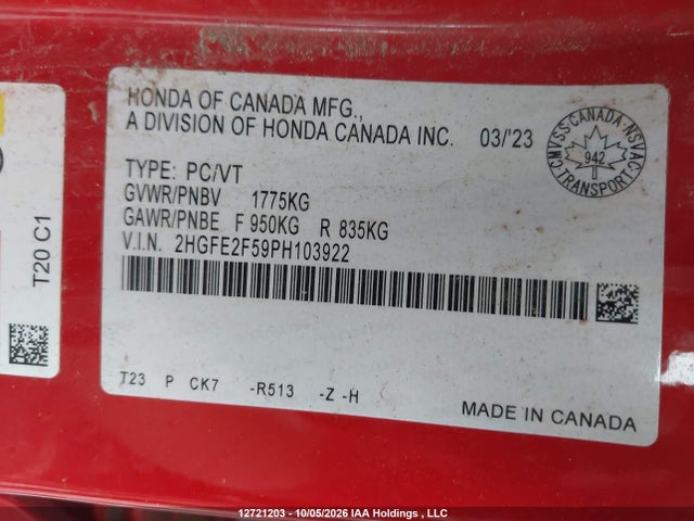 12721203 :رقم المزاد ، 2HGFE2F59PH103922 vin ، 2023 Honda Civic Sport/sport-b مزاد بيع