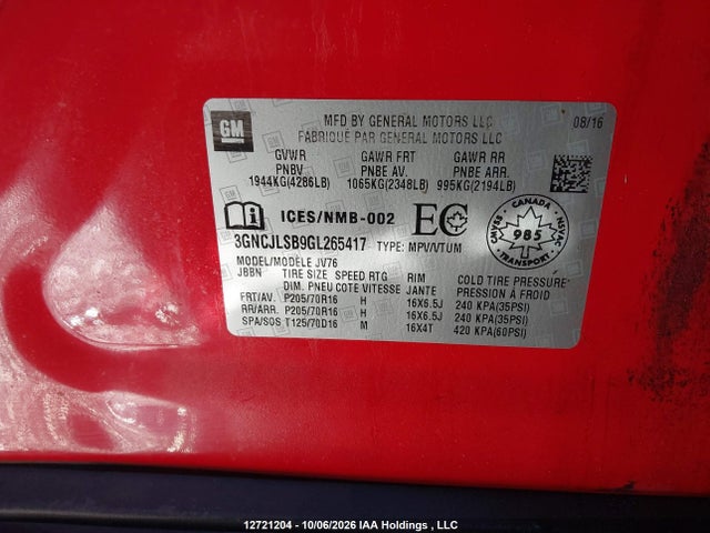 12721204 :رقم المزاد ، 3GNCJLSB9GL265417 vin ، 2016 Chevrolet Trax 1lt مزاد بيع