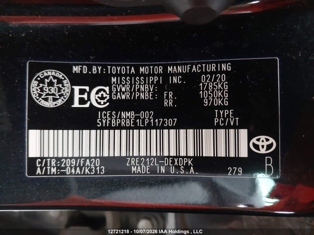 Toyota COROLLA L 2020 5YFBPRBE1LP117307 Image 18