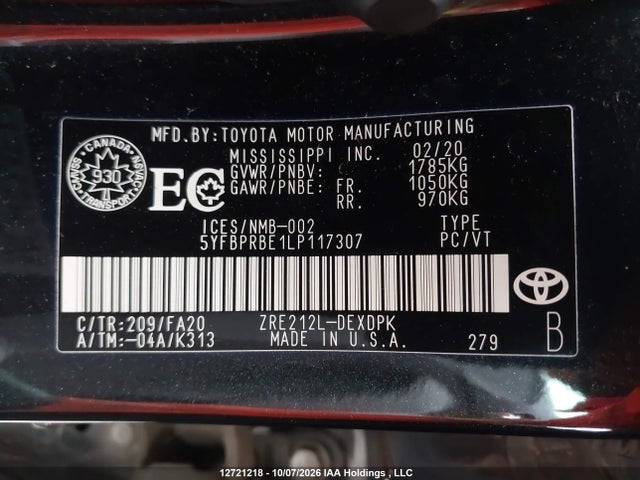 Toyota COROLLA L 2020 5YFBPRBE1LP117307 Image 9
