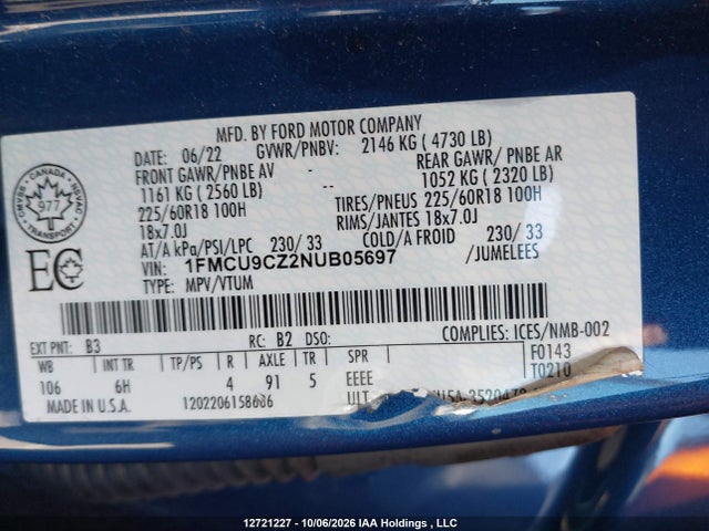 12721227 :رقم المزاد ، 1FMCU9CZ2NUB05697 vin ، 2022 Ford Escape Sel مزاد بيع