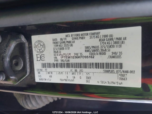 Продаж на аукціоні авто 2019 Ford F150 Supercrew, vin: 1FTEW1E56KFD05162, номер лоту: 12721234