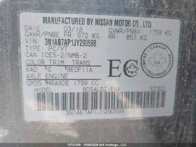 Aukcja sprzedaży 2018 Nissan Sentra 1.8 S/1.8 Sv/1.8 Sv Midnight Edition, vin: 3N1AB7AP1JY290598, numer aukcji: 12721259