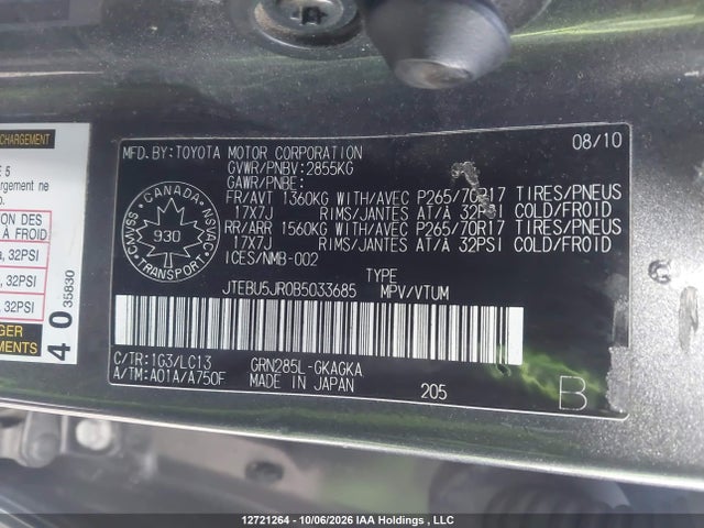 Aukcja sprzedaży 2011 Toyota 4runner Sr5/limited/trail, vin: JTEBU5JR0B5033685, numer aukcji: 12721264