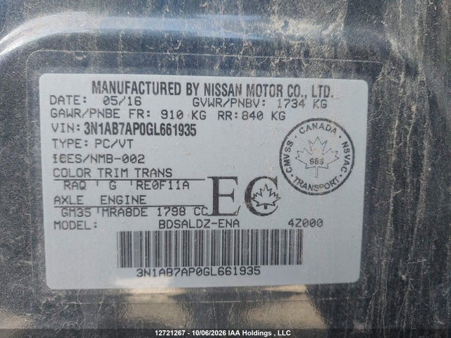 Продаж на аукціоні авто 2016 Nissan Sentra S/sv/sr/sl, vin: 3N1AB7AP0GL661935, номер лоту: 12721267