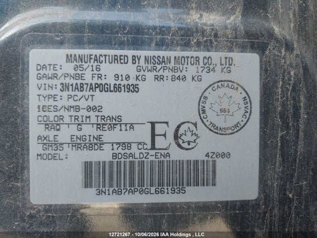 Продаж на аукціоні авто 2016 Nissan Sentra S/sv/sr/sl, vin: 3N1AB7AP0GL661935, номер лоту: 12721267