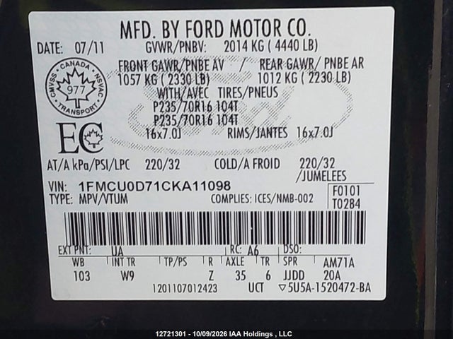 Aukcja sprzedaży 2012 Ford Escape Xlt, vin: 1FMCU0D71CKA11098, numer aukcji: 12721301