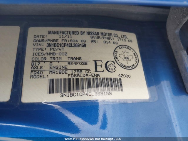 Продажа на аукционе авто 2012 Nissan Versa 1.8 S, vin: 3N1BC1CP4CL369159, номер лота: 12721313