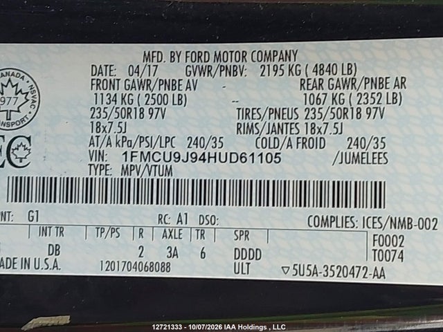 Ford Escape Titanium 2017 1FMCU9J94HUD61105 Image 9