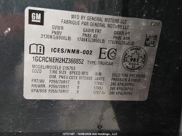 12721357 :رقم المزاد ، 1GCRCNEH2HZ366852 vin ، 2017 Chevrolet Silverado 1500 Wt مزاد بيع