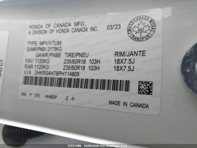 2HKRS4H78PH114805 Honda Cr-v Ex-l