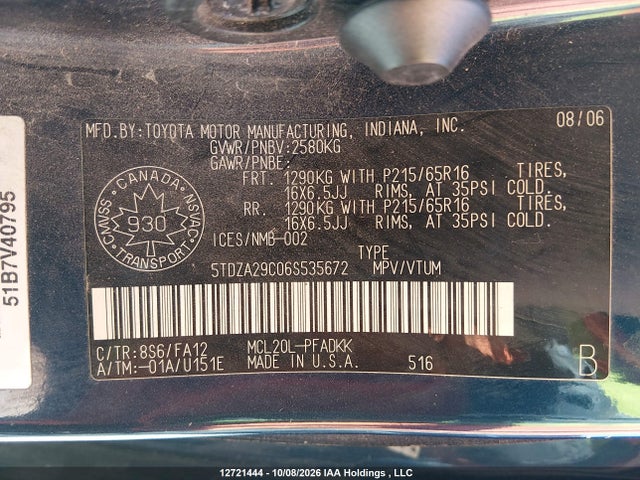 2006 Toyota Sienna Ce მანქანა იყიდება აუქციონზე, vin: 5TDZA29C06S535672, აუქციონის ნომერი: 12721444