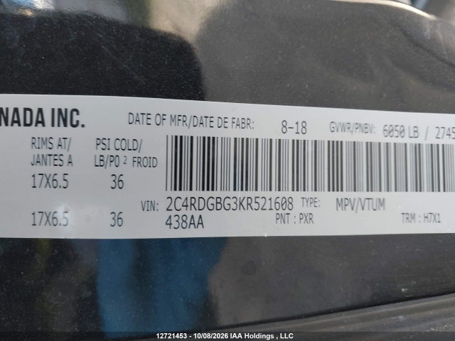 Aukcja sprzedaży 2019 Dodge Grand Caravan, vin: 2C4RDGBG3KR521608, numer aukcji: 12721453
