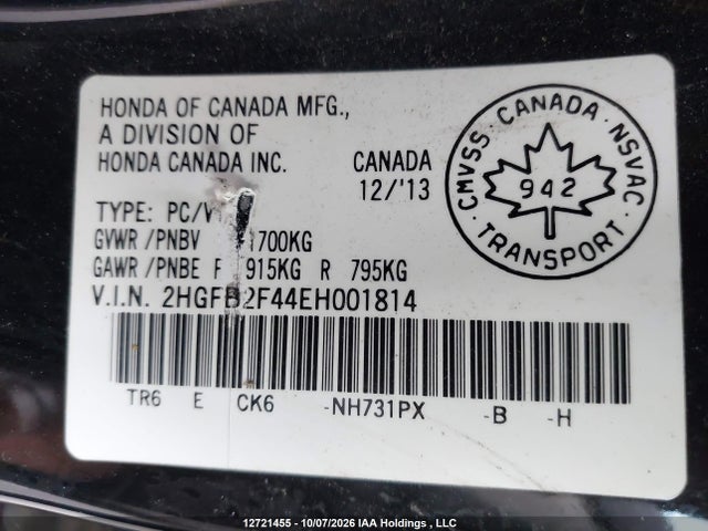 2014 Honda Civic Lx მანქანა იყიდება აუქციონზე, vin: 2HGFB2F44EH001814, აუქციონის ნომერი: 12721455