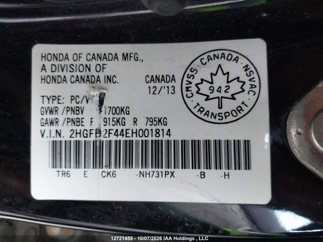 2014 Honda Civic Lx მანქანა იყიდება აუქციონზე, vin: 2HGFB2F44EH001814, აუქციონის ნომერი: 12721455