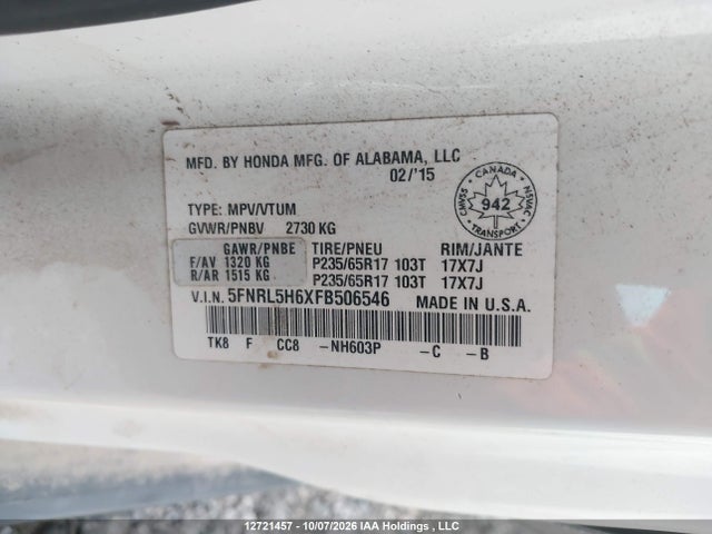2015 Honda Odyssey Ex-l მანქანა იყიდება აუქციონზე, vin: 5FNRL5H6XFB506546, აუქციონის ნომერი: 12721457