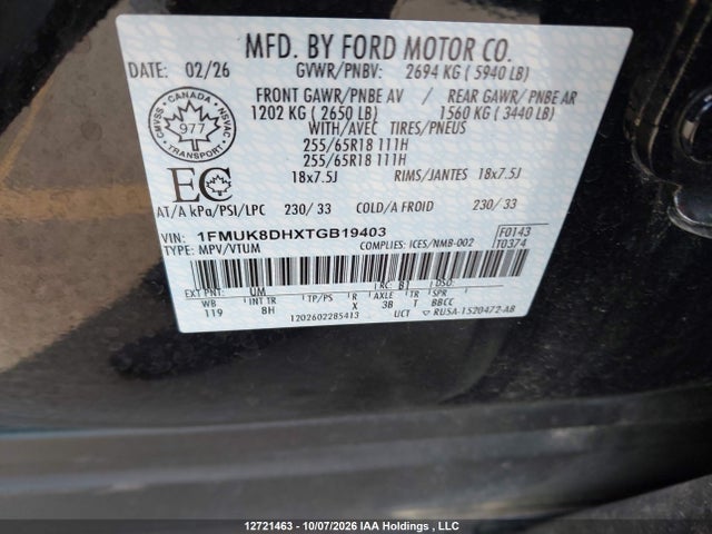 12721463 :رقم المزاد ، 1FMUK8DHXTGB19403 vin ، 2026 Ford Explorer Active مزاد بيع