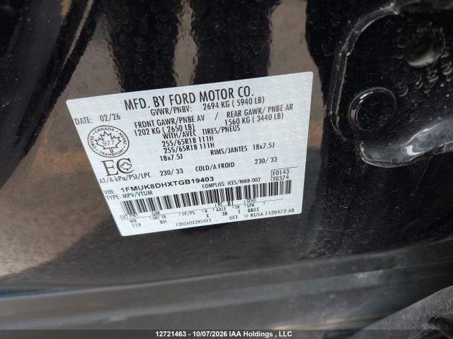 12721463 :رقم المزاد ، 1FMUK8DHXTGB19403 vin ، 2026 Ford Explorer Active مزاد بيع