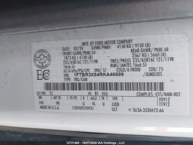 2024 Ford Transit T-250 მანქანა იყიდება აუქციონზე, vin: 1FTBR3X84RKA46699, აუქციონის ნომერი: 12721465