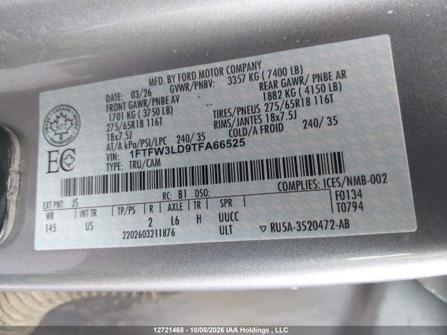 1FTFW3LD9TFA66525 Ford F150 Xlt
