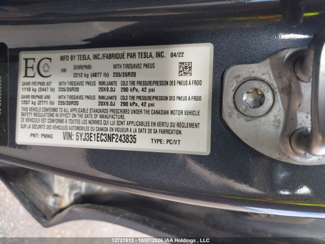 Продажа на аукционе авто 2022 Tesla Model 3 Performance, vin: 5YJ3E1EC3NF243835, номер лота: 12721513