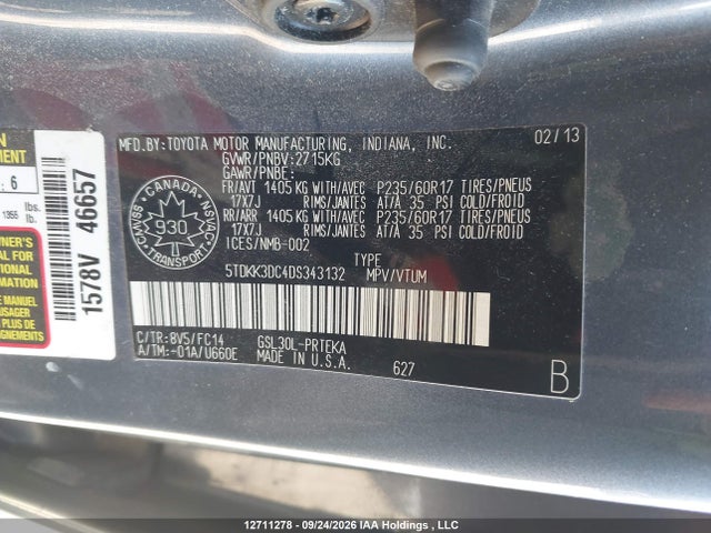 Продажа на аукционе авто 2013 Toyota Sienna Le, vin: 5TDKK3DC4DS343132, номер лота: 12711278