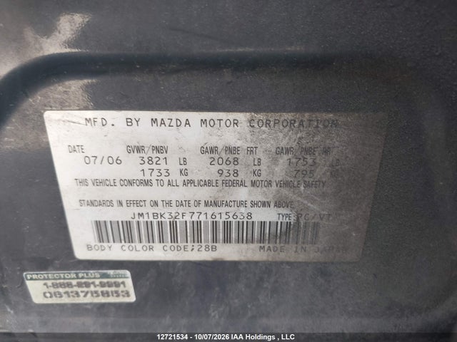 Aukcja sprzedaży 2007 Mazda 3, vin: JM1BK32F771615638, numer aukcji: 12721534