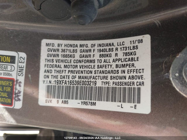 Aukcja sprzedaży 2009 Honda Civic Lx, vin: 19XFA16539E003219, numer aukcji: 12709143