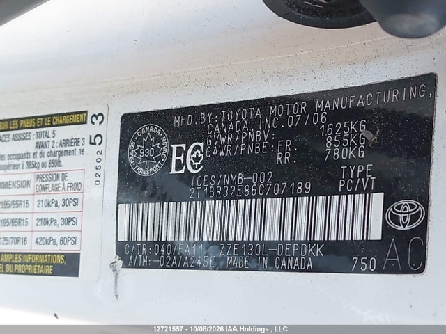 Продажа на аукционе авто 2006 Toyota Corolla Ce/le/s, vin: 2T1BR32E86C707189, номер лота: 12721557