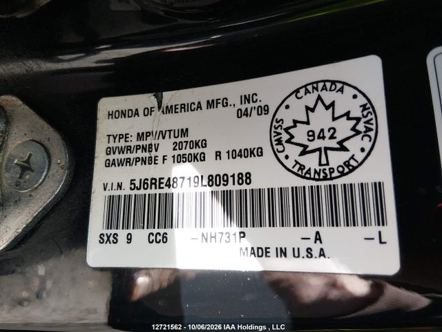 Продаж на аукціоні авто 2009 Honda Cr-v Exl, vin: 5J6RE48719L809188, номер лоту: 12721562