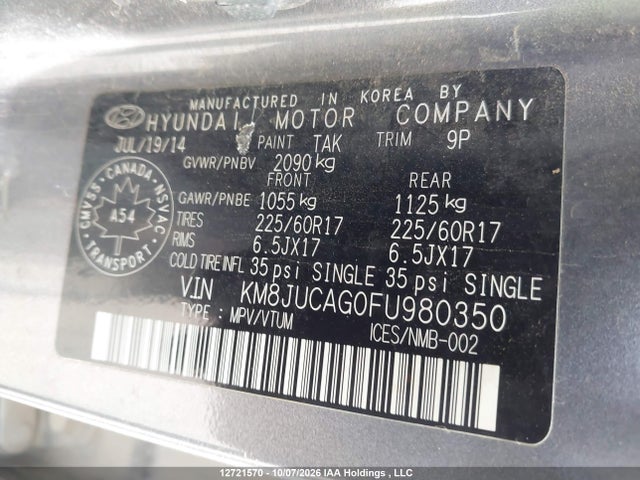 Aukcja sprzedaży 2015 Hyundai Tucson Gls, vin: KM8JUCAG0FU980350, numer aukcji: 12721570