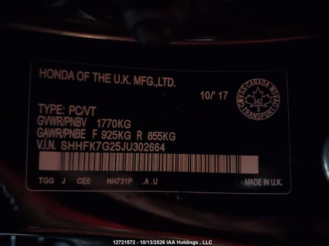 2018 Honda Civic Lx მანქანა იყიდება აუქციონზე, vin: SHHFK7G25JU302664, აუქციონის ნომერი: 12721572