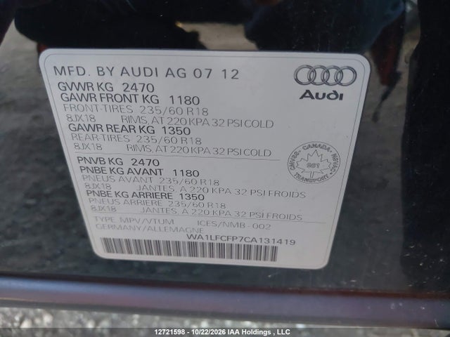12721598 :رقم المزاد ، WA1LFCFP7CA131419 vin ، 2012 Audi Q5 2.0t Premium مزاد بيع