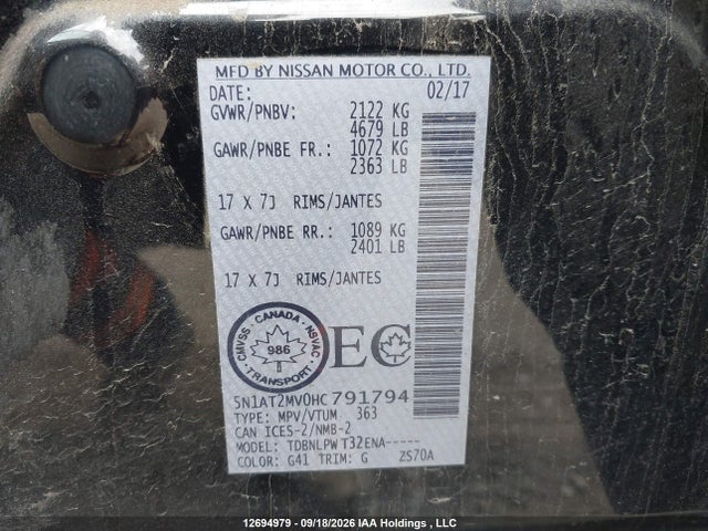 Продаж на аукціоні авто 2017 Nissan Rogue S/sl Platinum/sv, vin: 5N1AT2MV0HC791794, номер лоту: 12694979