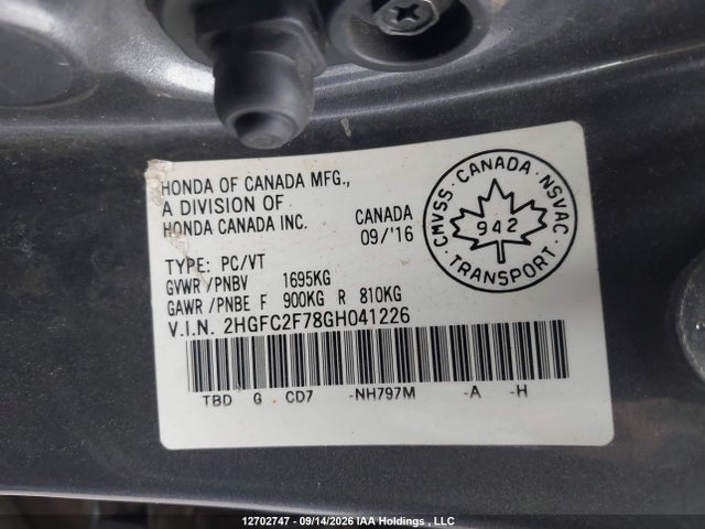 Продаж на аукціоні авто 2016 Honda Civic, vin: 2HGFC2F78GH041226, номер лоту: 12702747