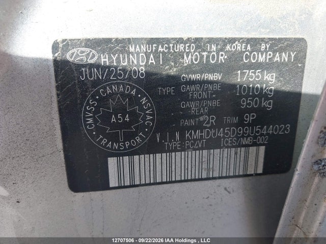 12707506 :رقم المزاد ، KMHDU45D99U544023 vin ، 2009 Hyundai Elantra Gl/l مزاد بيع